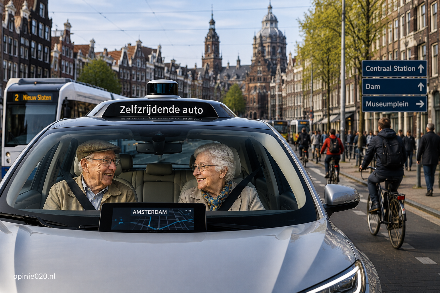 Zelfrijdende auto met ouderen in druk Amsterdam verkeer