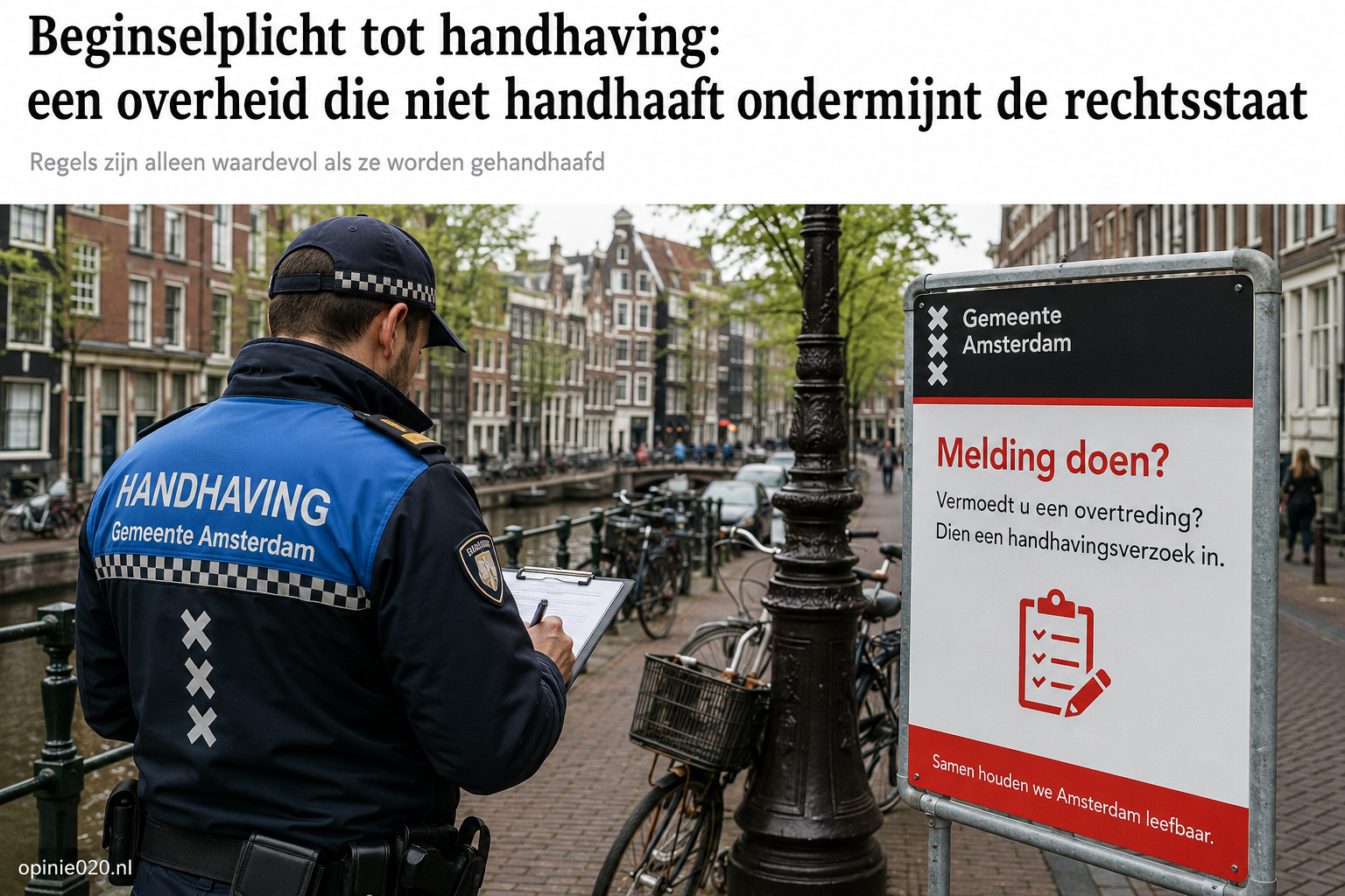 Handhaver van de gemeente controleert overtredingen in Amsterdam volgens de beginselplicht tot handhaving