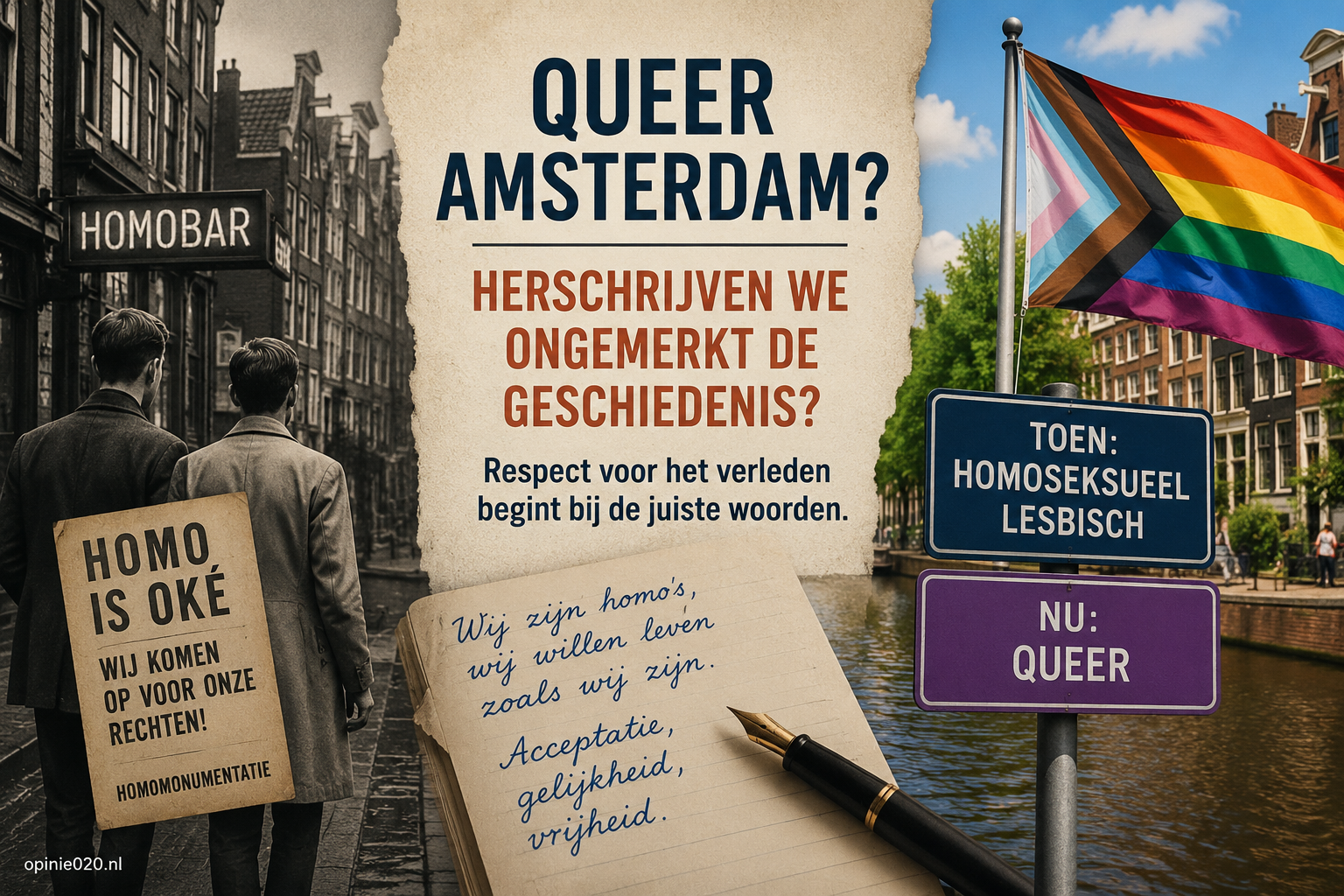 Illustratie over Queer Amsterdam en de discussie of historische homoseksuelen en lesbiennes achteraf als queer mogen worden aangeduid.