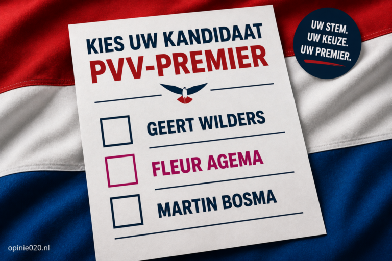Stembiljet met de namen Geert Wilders, Fleur Agema en Martin Bosma op een Nederlandse vlag als illustratie van een mogelijke keuze voor een PVV premierkandidaat.
