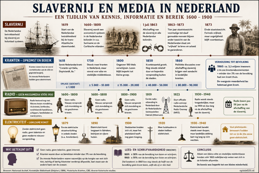 Tijdlijn van slavernij en media in Nederland met de ontwikkeling van kranten, krantenoplage, elektriciteit en radio tussen 1600 en 1940.