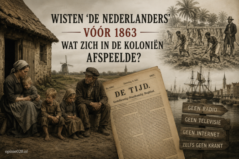 Historische illustratie van arme Nederlandse plattelandsbewoners in de negentiende eeuw met de vraag hoeveel zij werkelijk wisten over de slavernij in de koloniën.