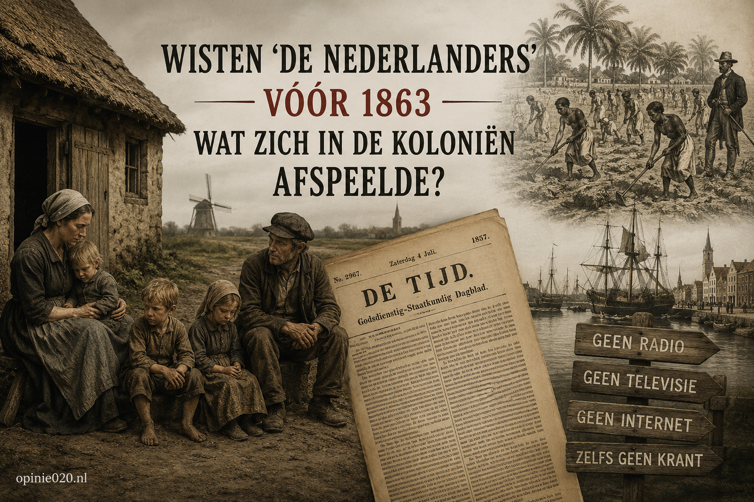 Historische illustratie van arme Nederlandse plattelandsbewoners in de negentiende eeuw met de vraag hoeveel zij werkelijk wisten over de slavernij in de koloniën.