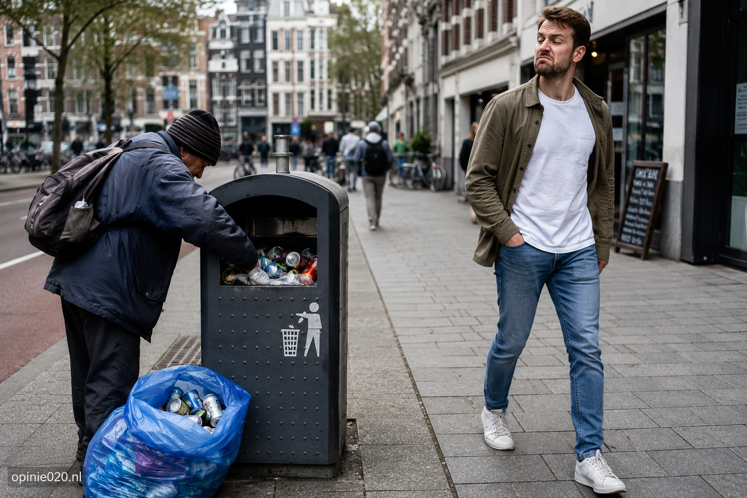 Persoon verzamelt statiegeldblikjes uit een afvalbak in Amsterdam om extra inkomen te verdienen