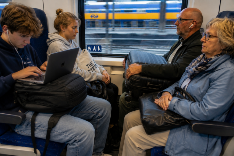 Treinreizigers met tas op schoot in een NS trein. Een student werkt met een laptop op een rugzak, terwijl andere reizigers een zware tas en koffer op schoot houden tijdens de treinreis.