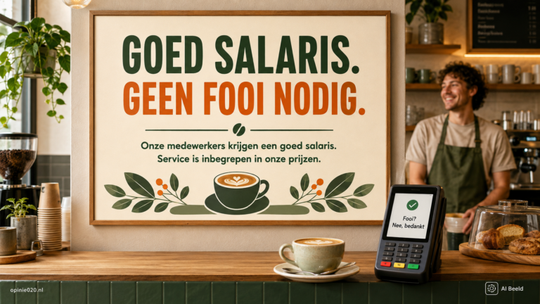 Horecaposter tegen fooi via de pinautomaat met de boodschap dat medewerkers een goed salaris krijgen