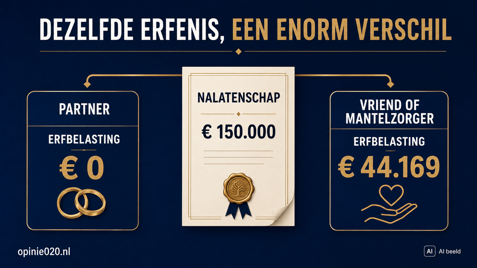 Erfbelasting voor alleenstaanden: partner betaalt niets, vriend of mantelzorger betaalt € 44.169 over een erfenis van € 150.000.