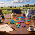 Koffietafel in een Nederlands polderlandschap met een kleurrijke puzzel van Nederland en een Delfts blauwe koffiekan