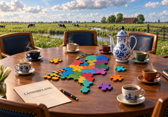 Koffietafel in een Nederlands polderlandschap met een kleurrijke puzzel van Nederland en een Delfts blauwe koffiekan