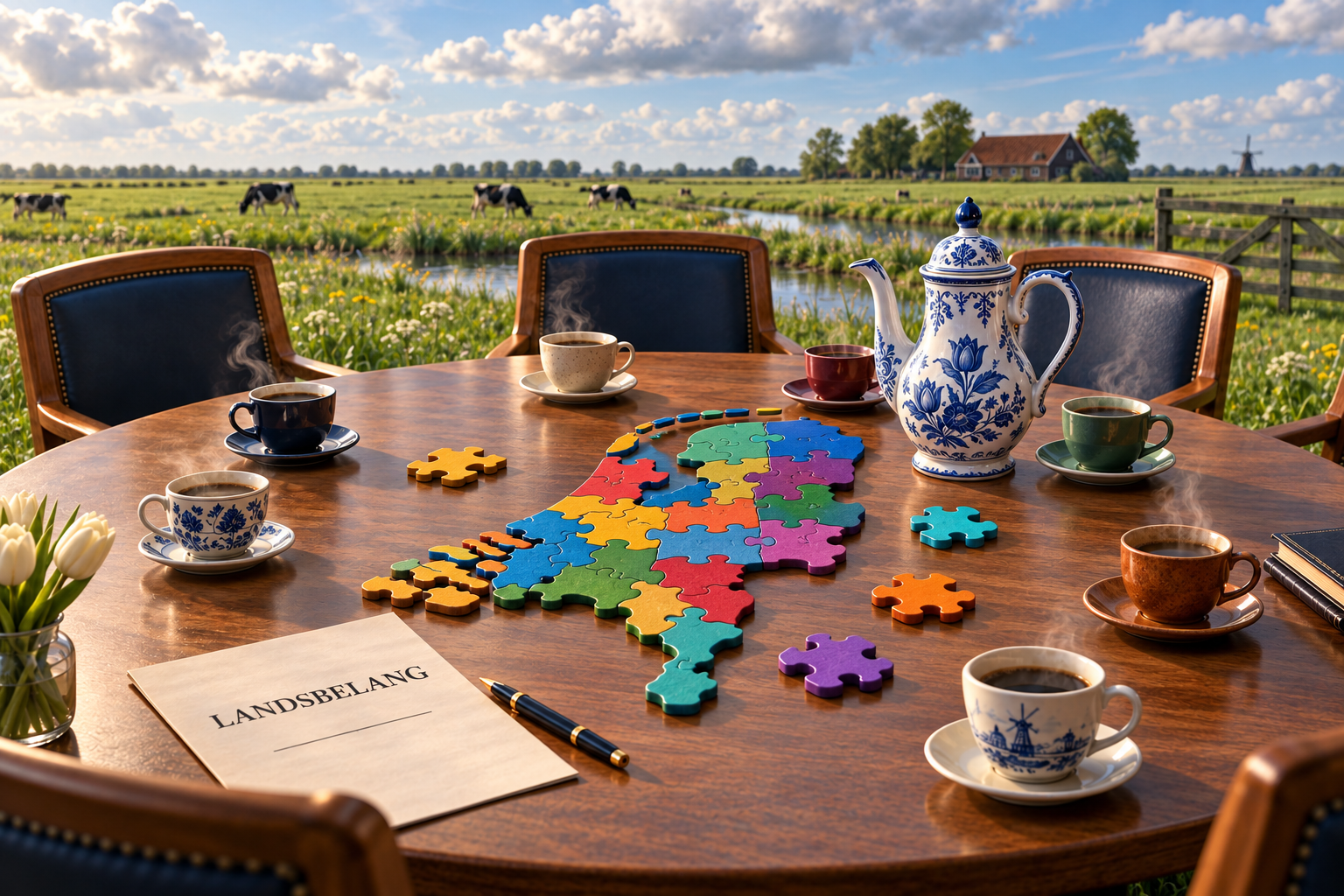 Koffietafel in een Nederlands polderlandschap met een kleurrijke puzzel van Nederland en een Delfts blauwe koffiekan