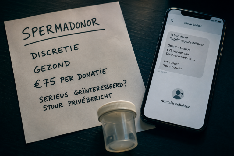 Smartphone met anoniem aanbod van een spermadonor naast een brief met donatieaanbod en een specimenpotje, als illustratie bij particuliere spermadonatie buiten klinieken.